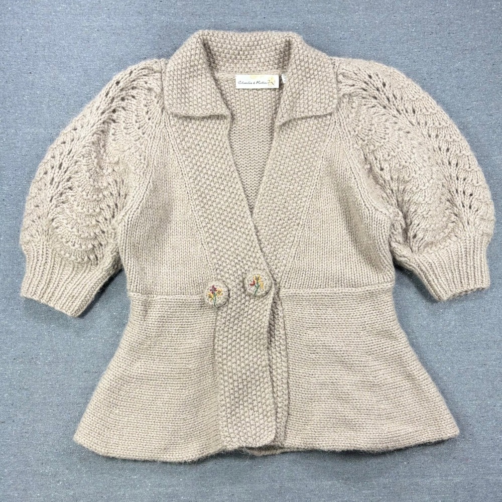 Charlie & Robin Cardigan Sweater Womens Med. Tan Wool Alpaca Puff Sleeve Floral